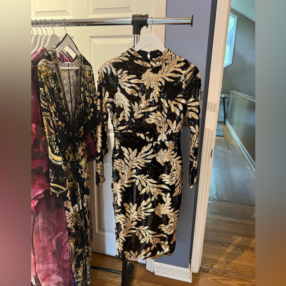 Emma brand stunning black and gold leaf sequin dress! Never worn.